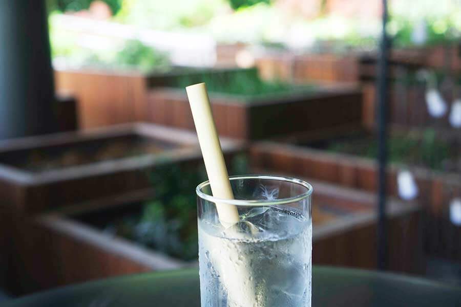 Glass of water with a bamboo straw