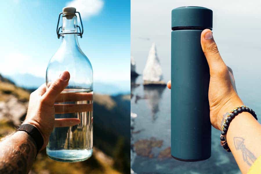 Hands holding glass and metal water bottles against natural landscapes