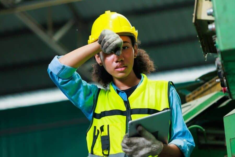 Construction worker wiping sweat from her forehead